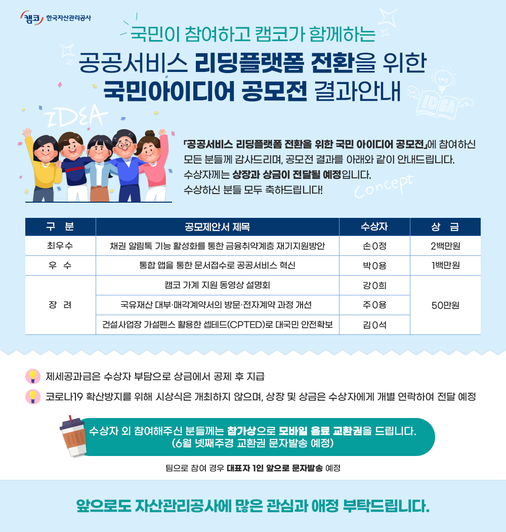 국민이 참여하고 캠코가 함께하는 공공서비스 리딩플랫폼 전환을 위한 국민아이디어 공모전 결과 안내