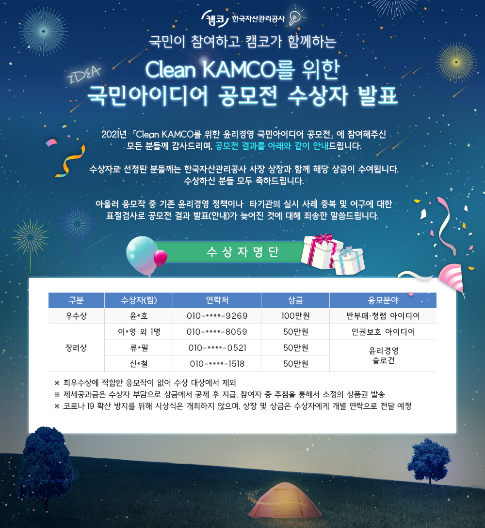 Clean KAMCO를 위한 국민아이디어 공모전 당첨자