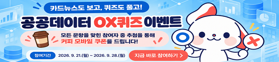 (카드뉴스도 보고, 퀴즈도 풀고!) 공공데이터 OX 퀴즈 이벤트 / 모든 문항을 맞힌 참여자 중 추첨을 통해 커피 모바일 쿠폰을 드립니다! / 참여기간: 2026. 9. 21.(월) ~ 2026. 9. 28.(월) / 지금 바로 참여하기