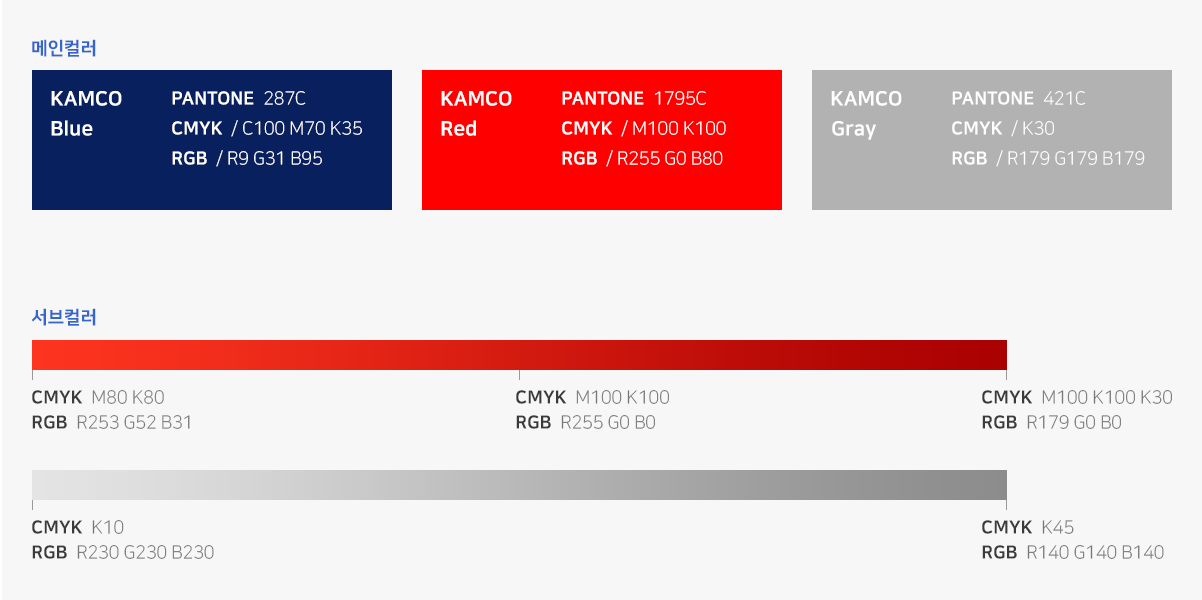 캠코 logo 서브컬러 이미지
메인컬러
KAMCO Blue 
-PANTONE 287C
-CMYK/ C100 M70 K35
-RGB / R9 G31 B95

KAMCO Red
-PANTONE 1795C
-CMYK/ M100 K100
-RGB / R255 G0 B80

KAMCO Gray
-PANTONE 421C
-CMYK/ K30
-RGB / R179 G179 B179

서브컬러
-CMYK/ M80 K80
-RGB / R253 G52 B31

-CMYK/ M100 K100
-RGB / R255 G0 B0

-CMYK/ M100 K100 K30
-RGB / R179 G0 B0

-CMYK/ K10
-RGB / R230 G230 B230

-CMYK/ K45
-RGB / R140 G140 B140 
